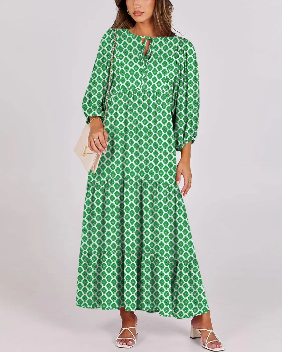 ✨ V-neck Puff Sleeve Printed High Waist Maxi Dress (Buy 2 Free Shipping)