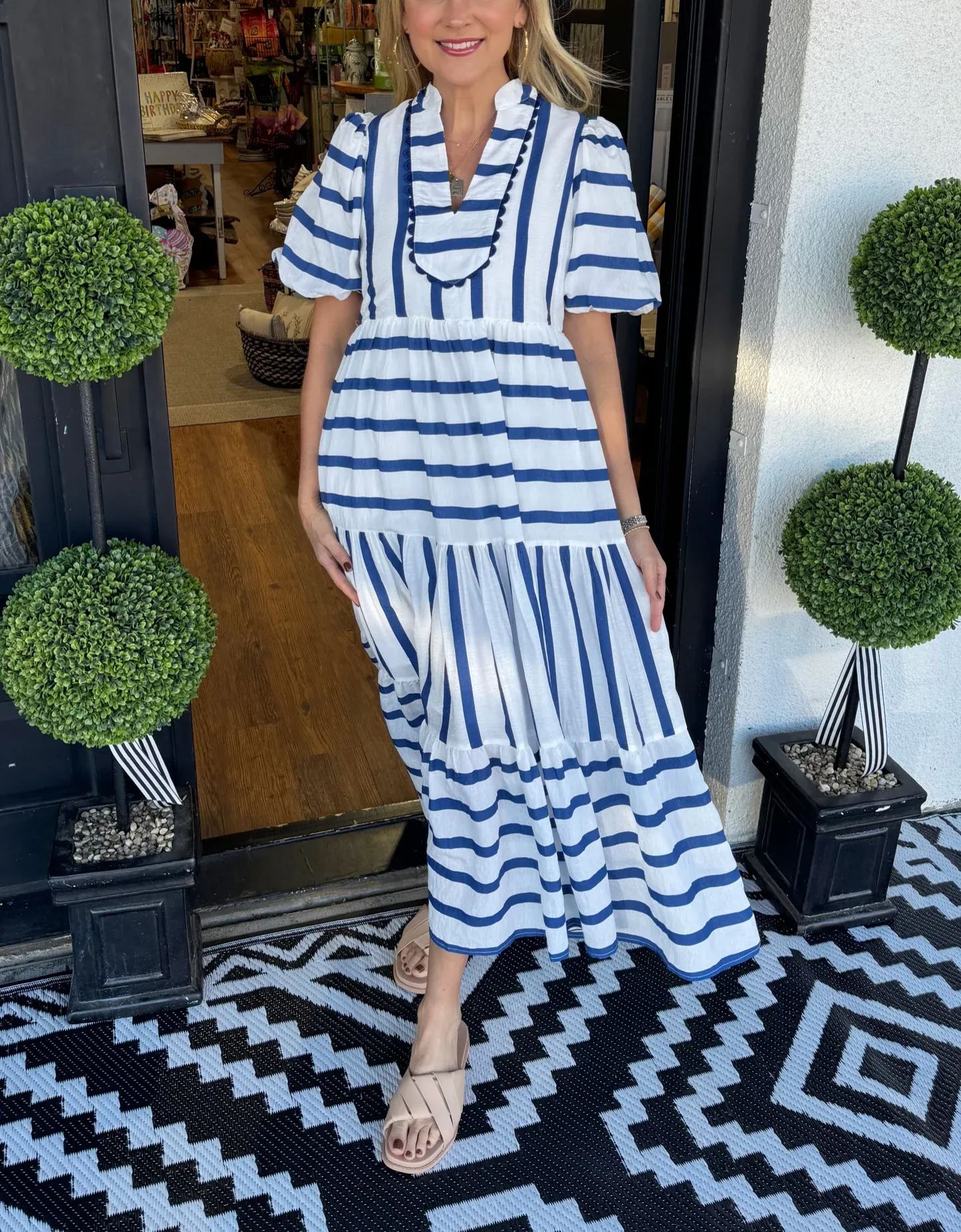 Casual V-neck Striped Maxi Dress
