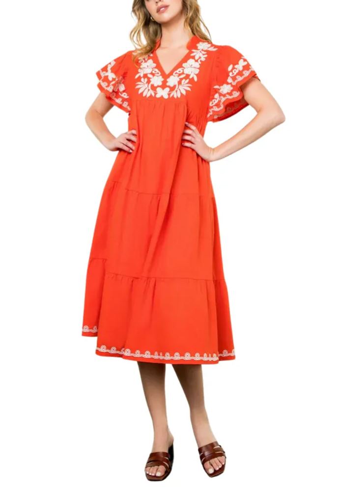 Flutter Sleeve Embroidered Detail Dress