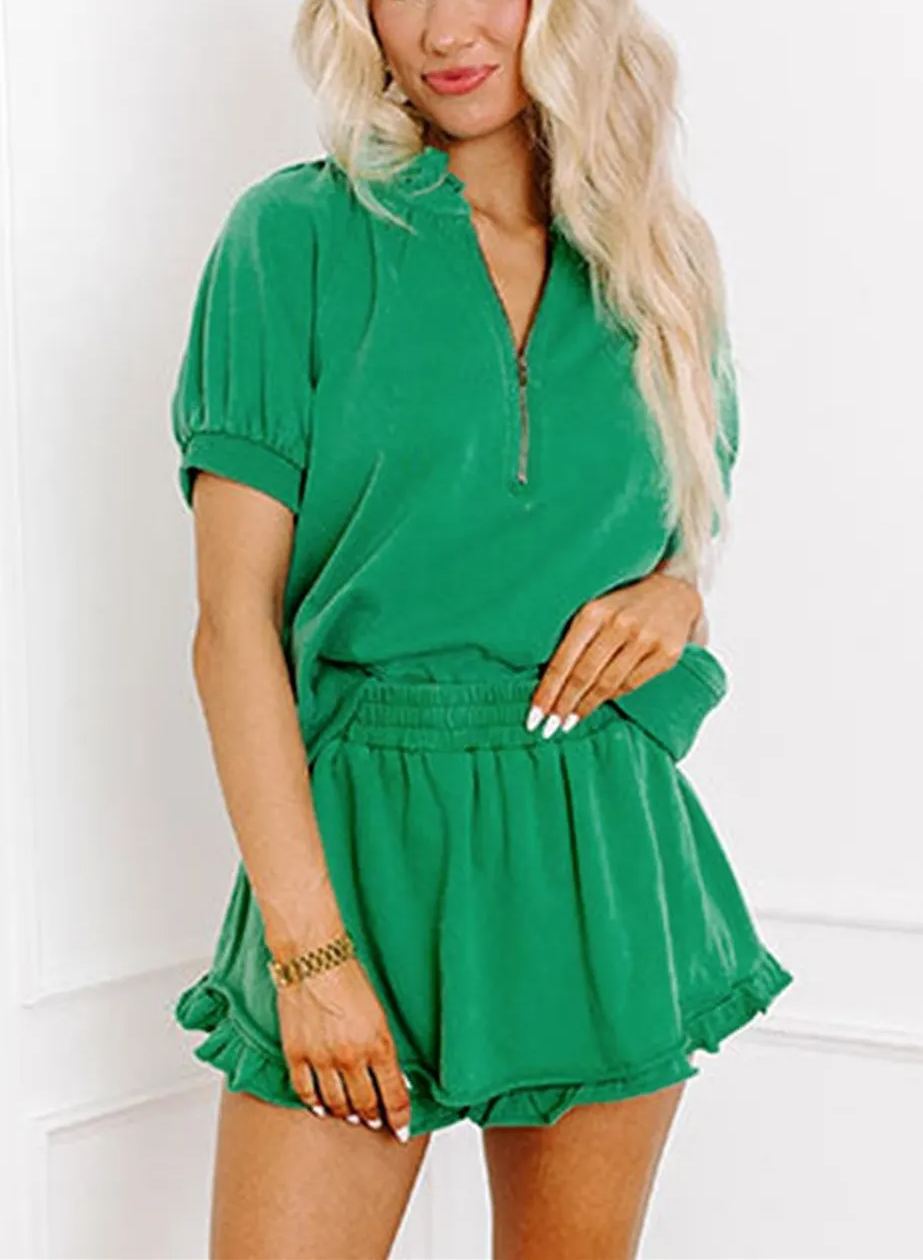 Women's Casual Puff Sleeve Top and Ruffle Shorts Set（Buy 2 Free Shipping）