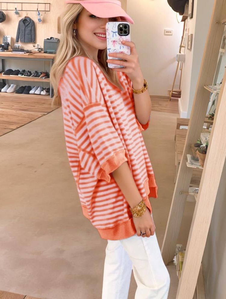 Women's Oversized Striped Color Block Casual Half Sleeve Tops (Buy 2 Free Shipping) 