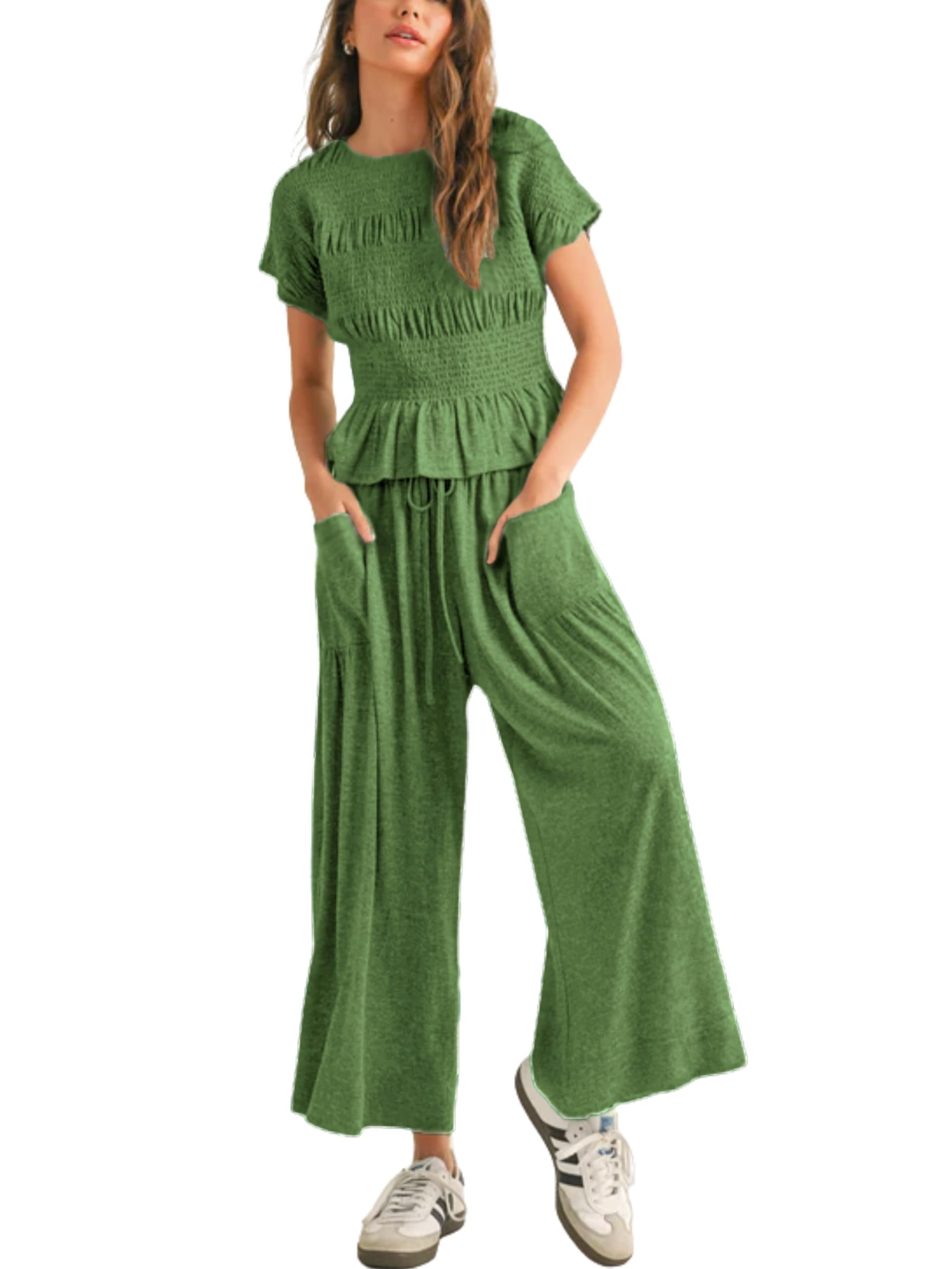 Women's Ruched Ruffle Top & Wide-Leg Pants Two-Piece Set