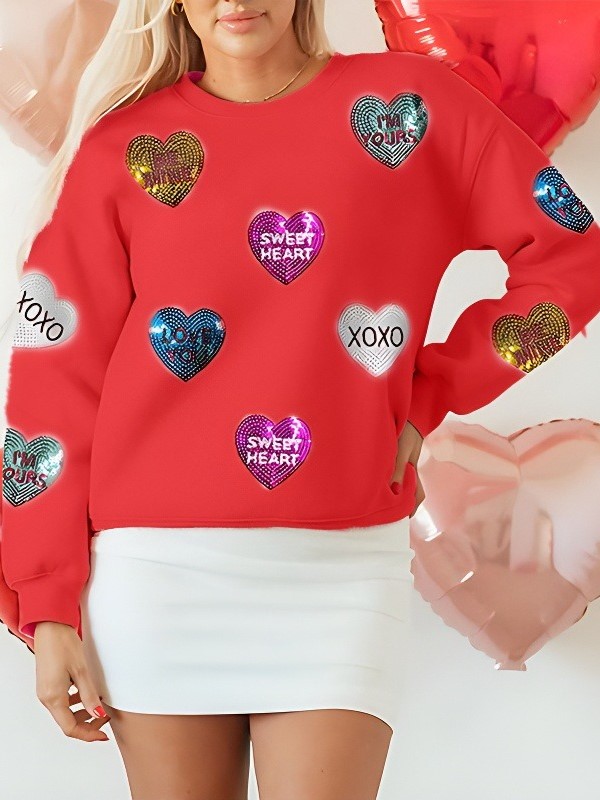 Valentine's Day Sequin Heart Round Neck Long Sleeve Sweatshirt (Buy 2 Free Shipping)