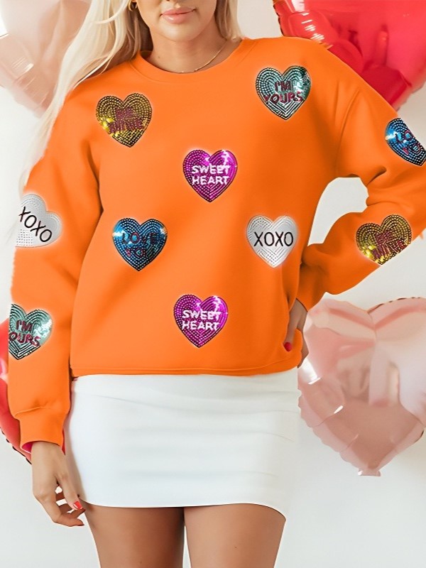 Valentine's Day Sequin Heart Round Neck Long Sleeve Sweatshirt (Buy 2 Free Shipping)