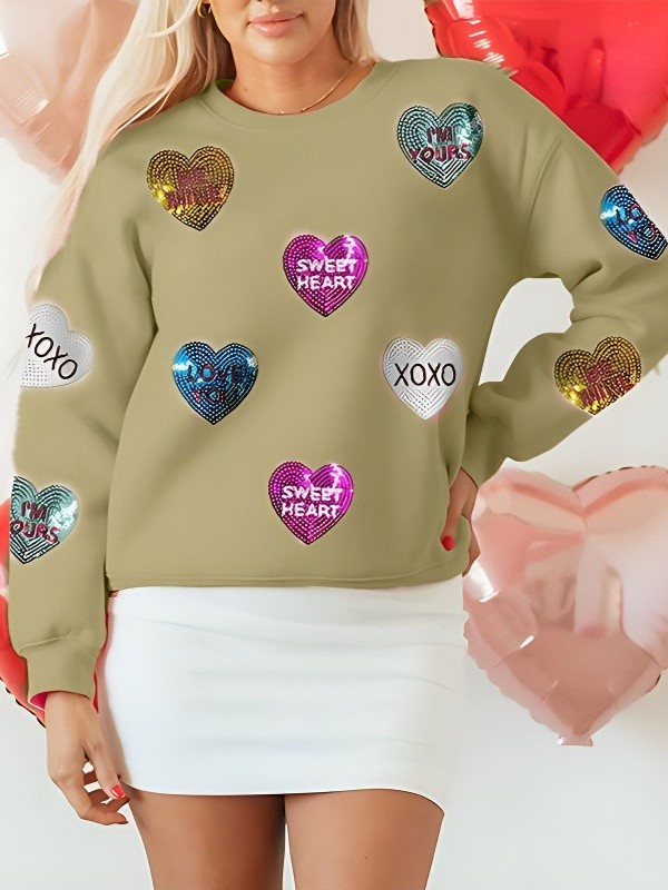 Valentine's Day Sequin Heart Round Neck Long Sleeve Sweatshirt (Buy 2 Free Shipping)