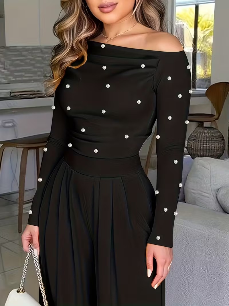 Women's Chic Off-Shoulder Jumpsuit With Pearls