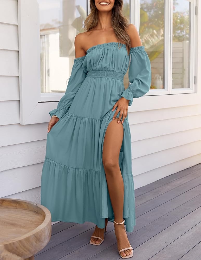 Women's Sexy Off Shoulder Side Split Flowy Maxi Dress (Buy 2 Free Shipping)