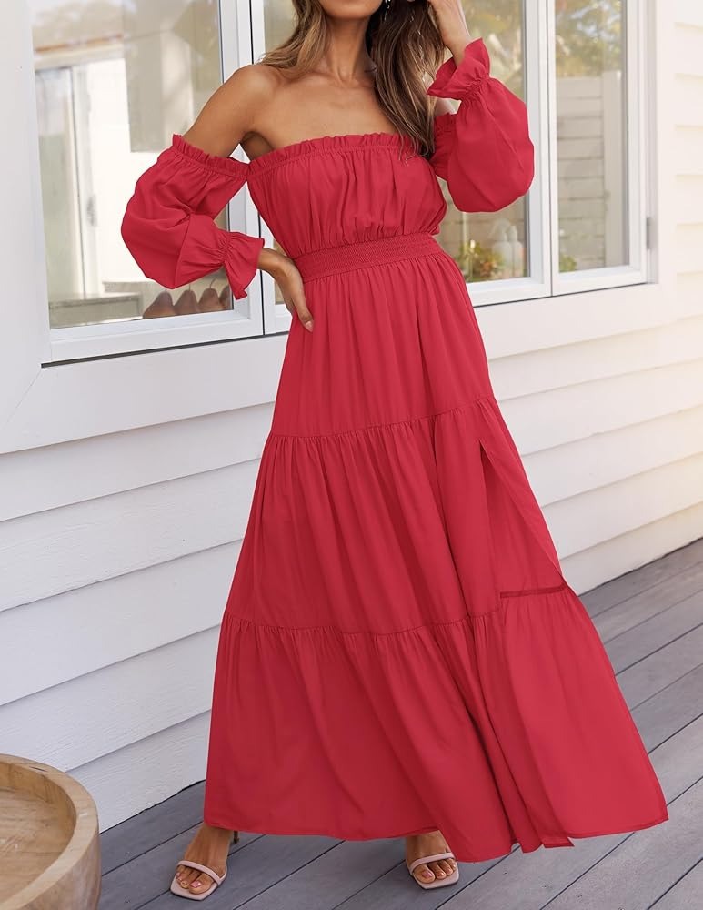 Women's Sexy Off Shoulder Side Split Flowy Maxi Dress (Buy 2 Free Shipping)