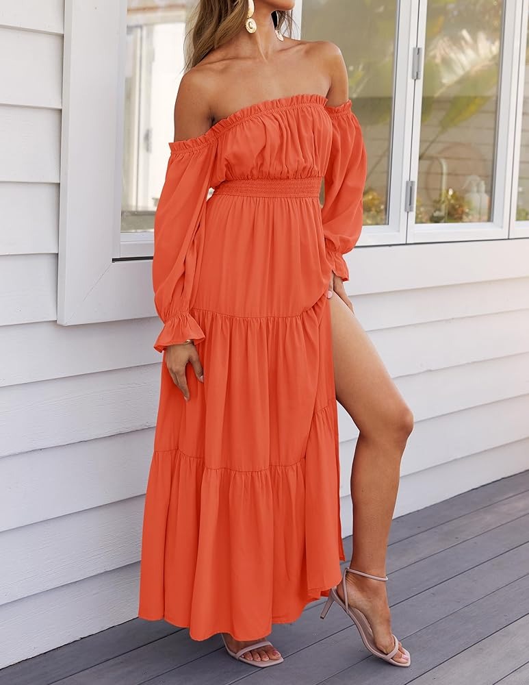 Women's Sexy Off Shoulder Side Split Flowy Maxi Dress (Buy 2 Free Shipping)