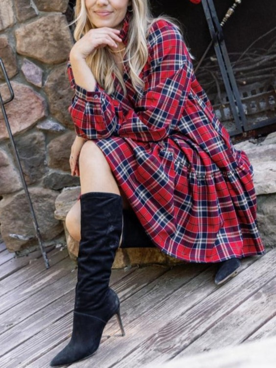 Women's Plaid Print Frilly Collar Long Sleeve Mini Dress (Buy 2 Free Shipping) 
