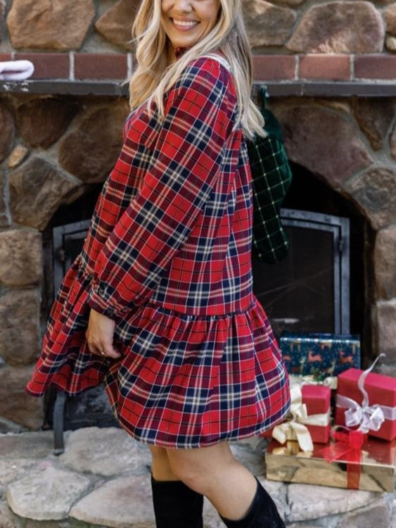 Women's Plaid Print Frilly Collar Long Sleeve Mini Dress (Buy 2 Free Shipping) 