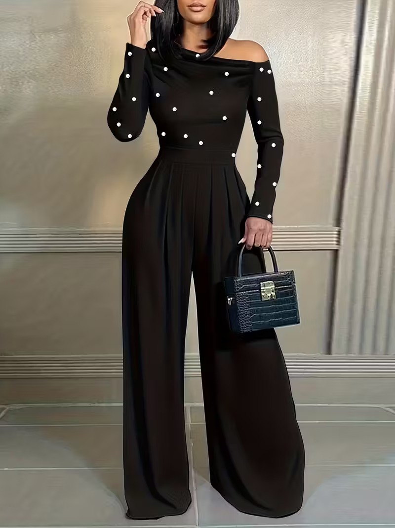 Women's Chic Off-Shoulder Jumpsuit With Pearls