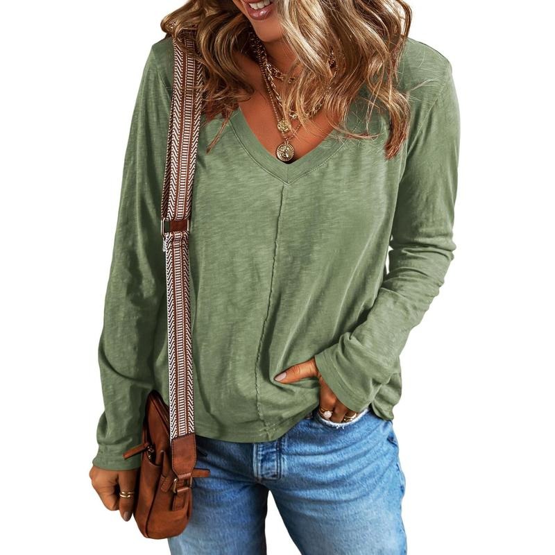 Women's Basic Solid Color V-Neck Mid-Line Long Sleeve Top（Buy 2 Free Shipping）