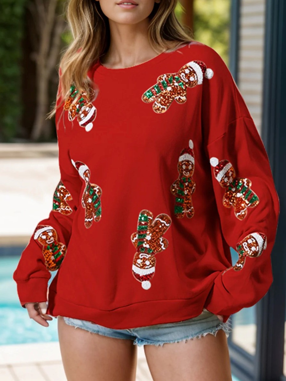 Women's Christmas Gingerbread Man Sequin Sweatshirt（Buy 2 Free Shipping)