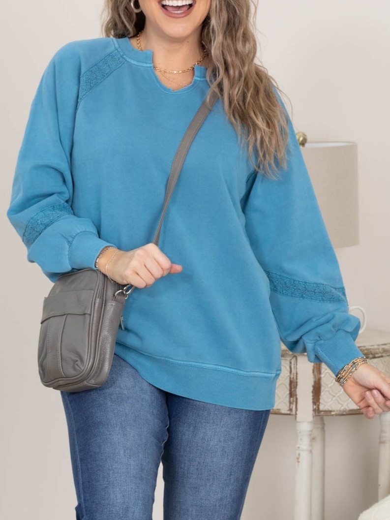 Women's Relaxed Fit V-Neck Sweatshirt with Lace Inserts
