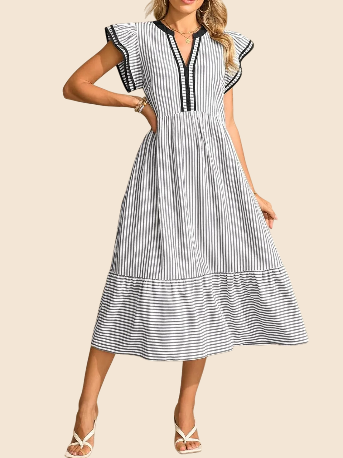 Women's Striped V-Neck Flutter Sleeve Long Dress (Buy 2 Free Shipping)