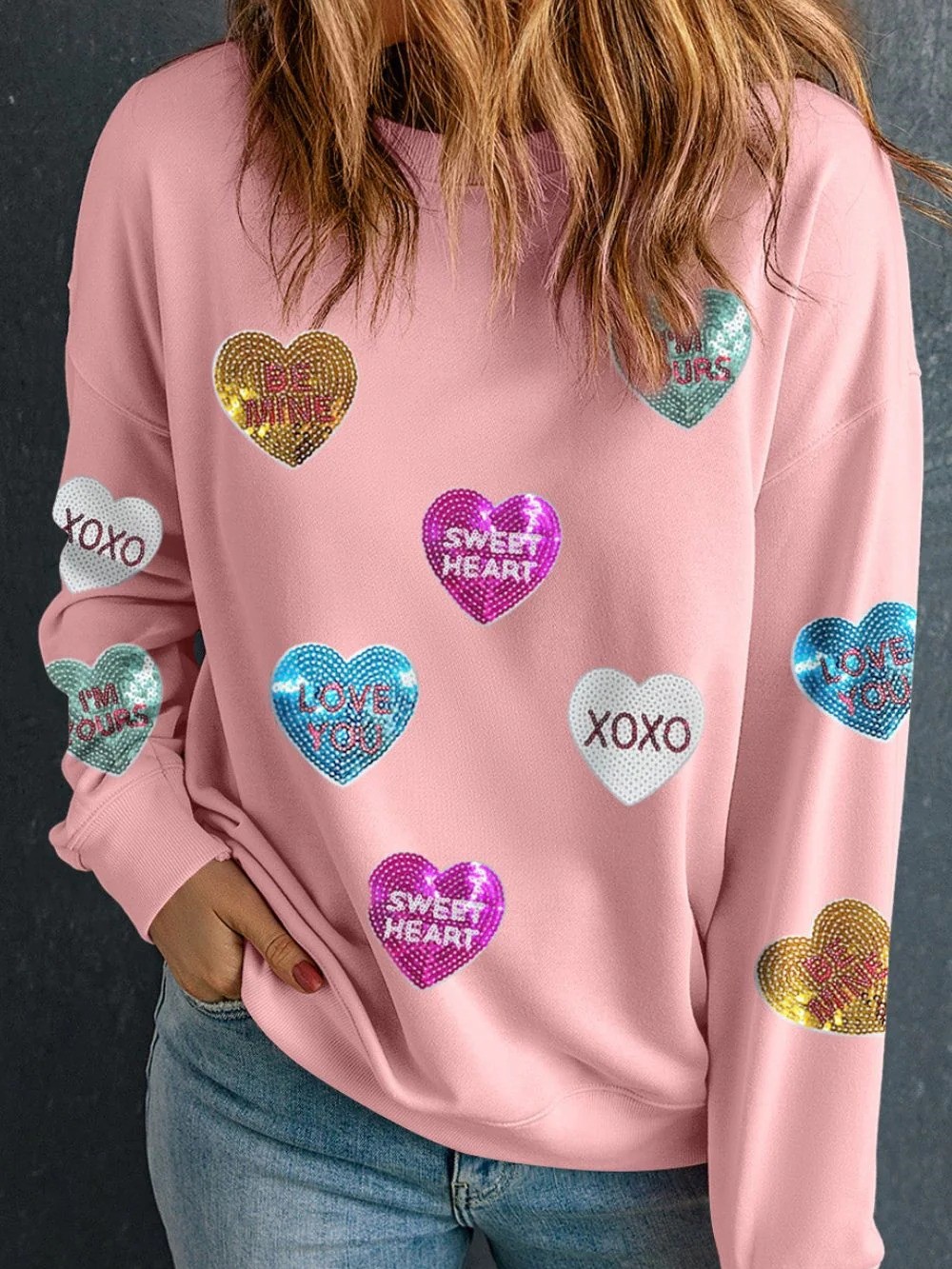 Valentine's Day Sequin Heart Round Neck Long Sleeve Sweatshirt