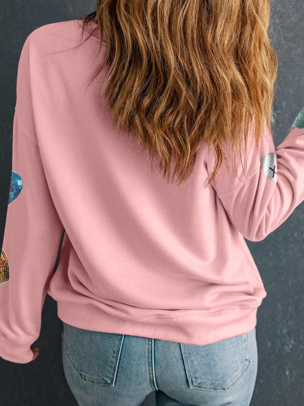 Valentine's Day Sequin Heart Round Neck Long Sleeve Sweatshirt
