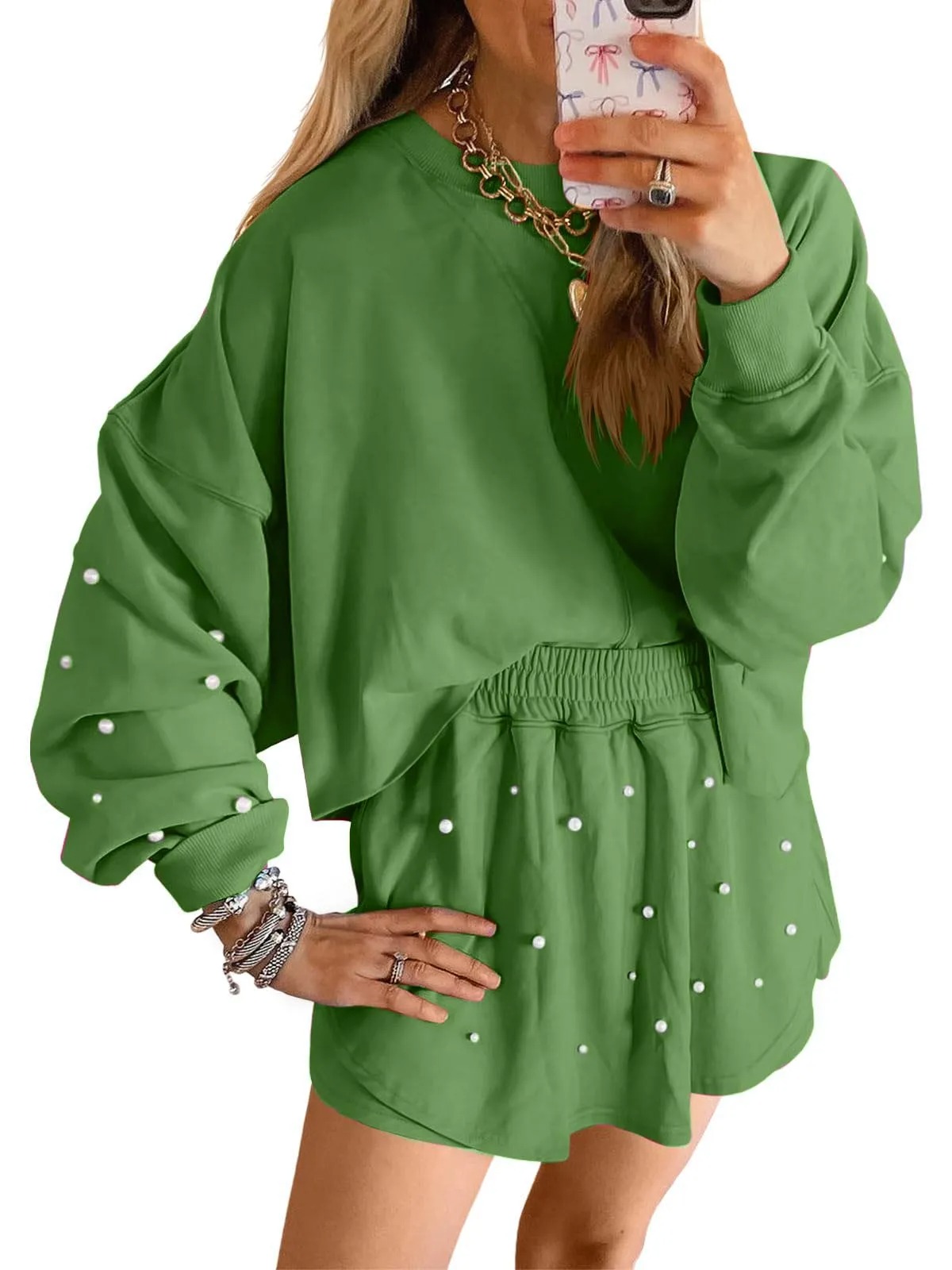 ✨Women's Pearl Embellished Long Sleeve Crop Sweatshirt Skirt Two-Piece Set (Buy 2 Free Shipping)