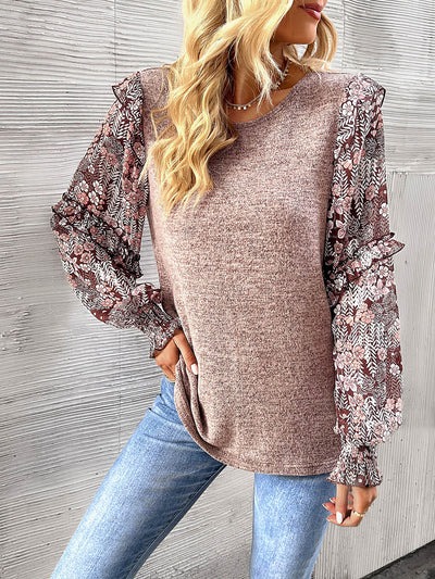 Women's Floral Sleeve Patchwork Knit Top