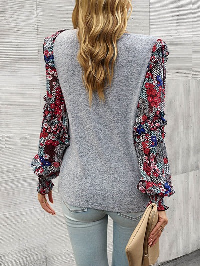 Women's Floral Sleeve Patchwork Knit Top