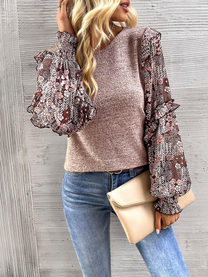 Women's Floral Sleeve Patchwork Knit Top