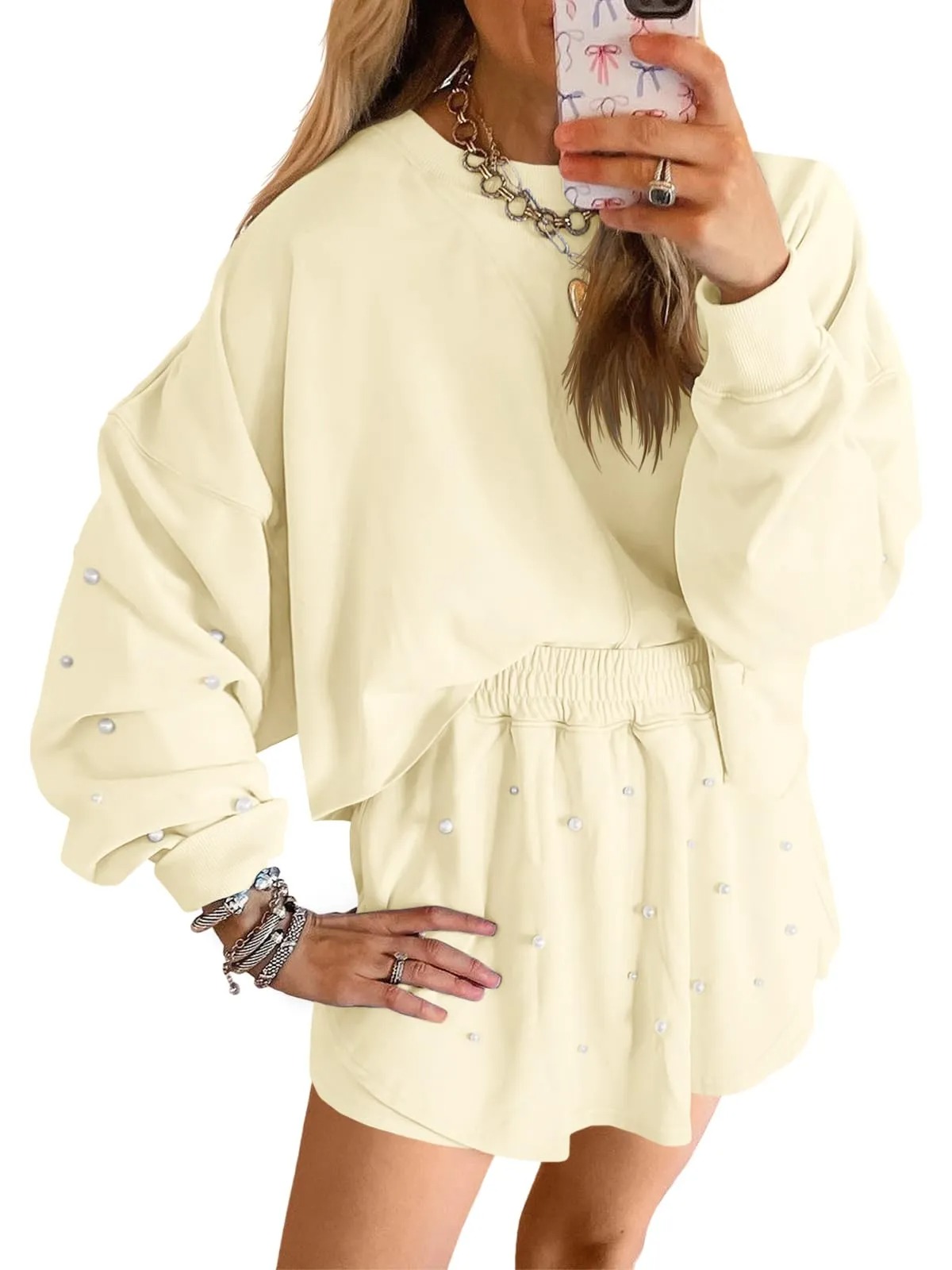 ✨Women's Pearl Embellished Long Sleeve Crop Sweatshirt Skirt Two-Piece Set (Buy 2 Free Shipping)