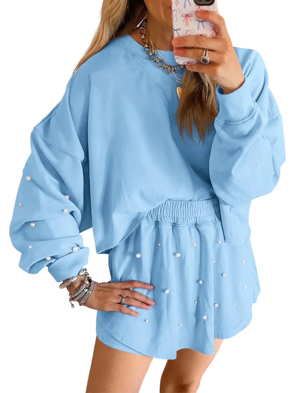 ✨Women's Pearl Embellished Long Sleeve Crop Sweatshirt Skirt Two-Piece Set (Buy 2 Free Shipping)