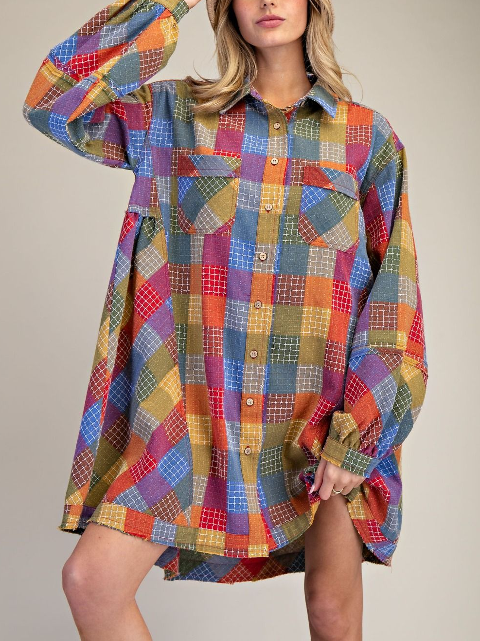 Women's  Colorful Long Sleeve Shirt Dress (Buy 2 Free Shipping)