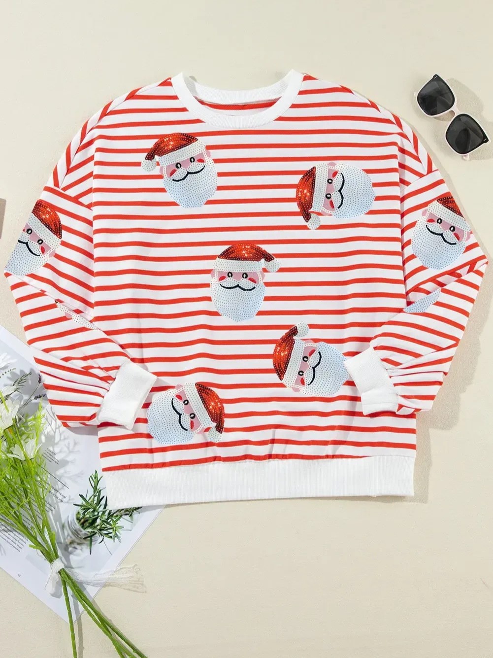 Women's Striped Santa Sequined Sweatshirt