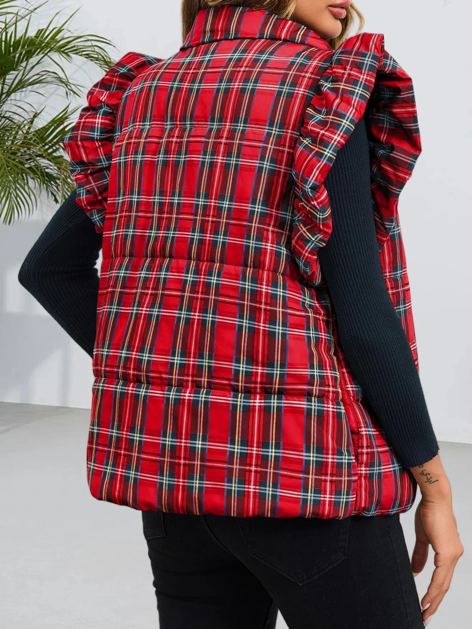 Women's Christmas Ruffle Sleeveless Plaid Vest