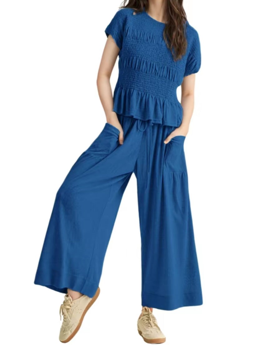 Women's Ruched Ruffle Top & Wide-Leg Pants Two-Piece Set