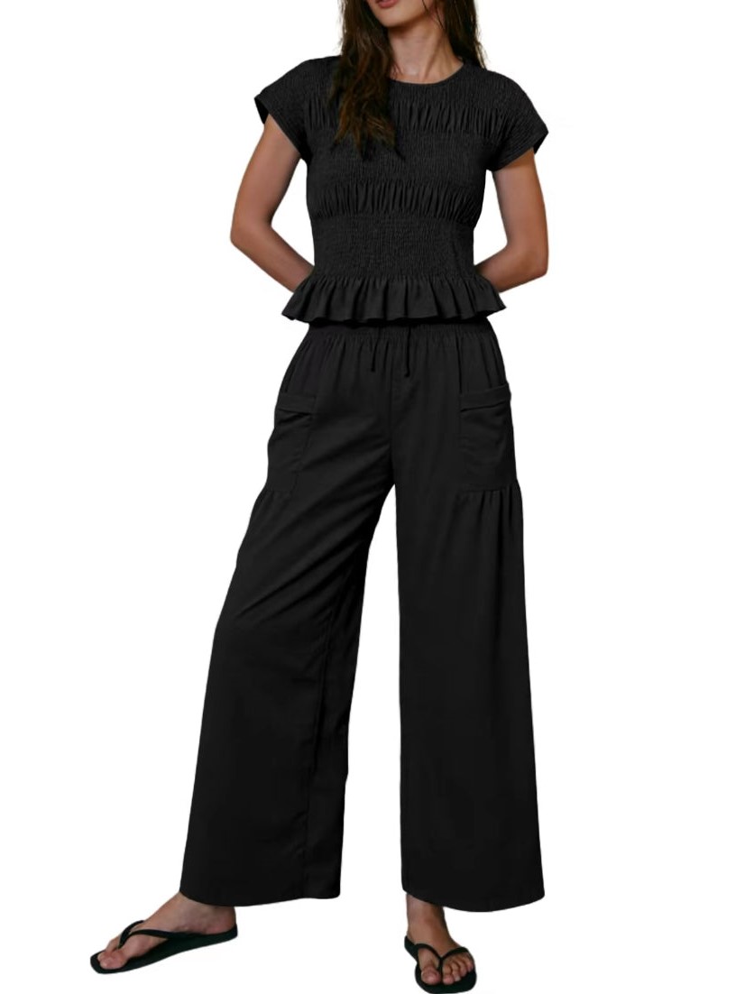 Women's Ruched Ruffle Top & Wide-Leg Pants Two-Piece Set
