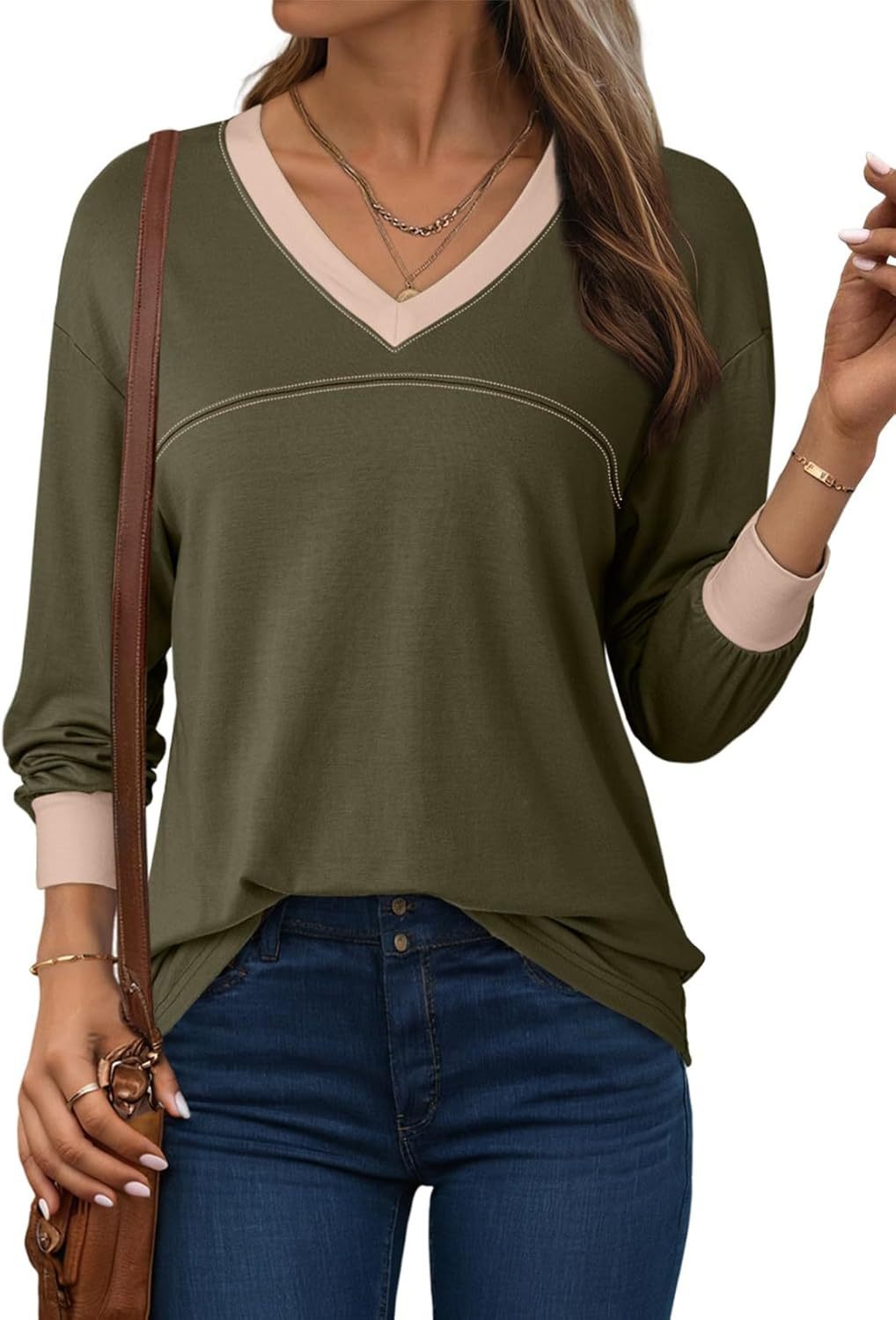 Women's Loose V-Neck Colorblock Sweatshirt（Buy 2 Free Shipping)