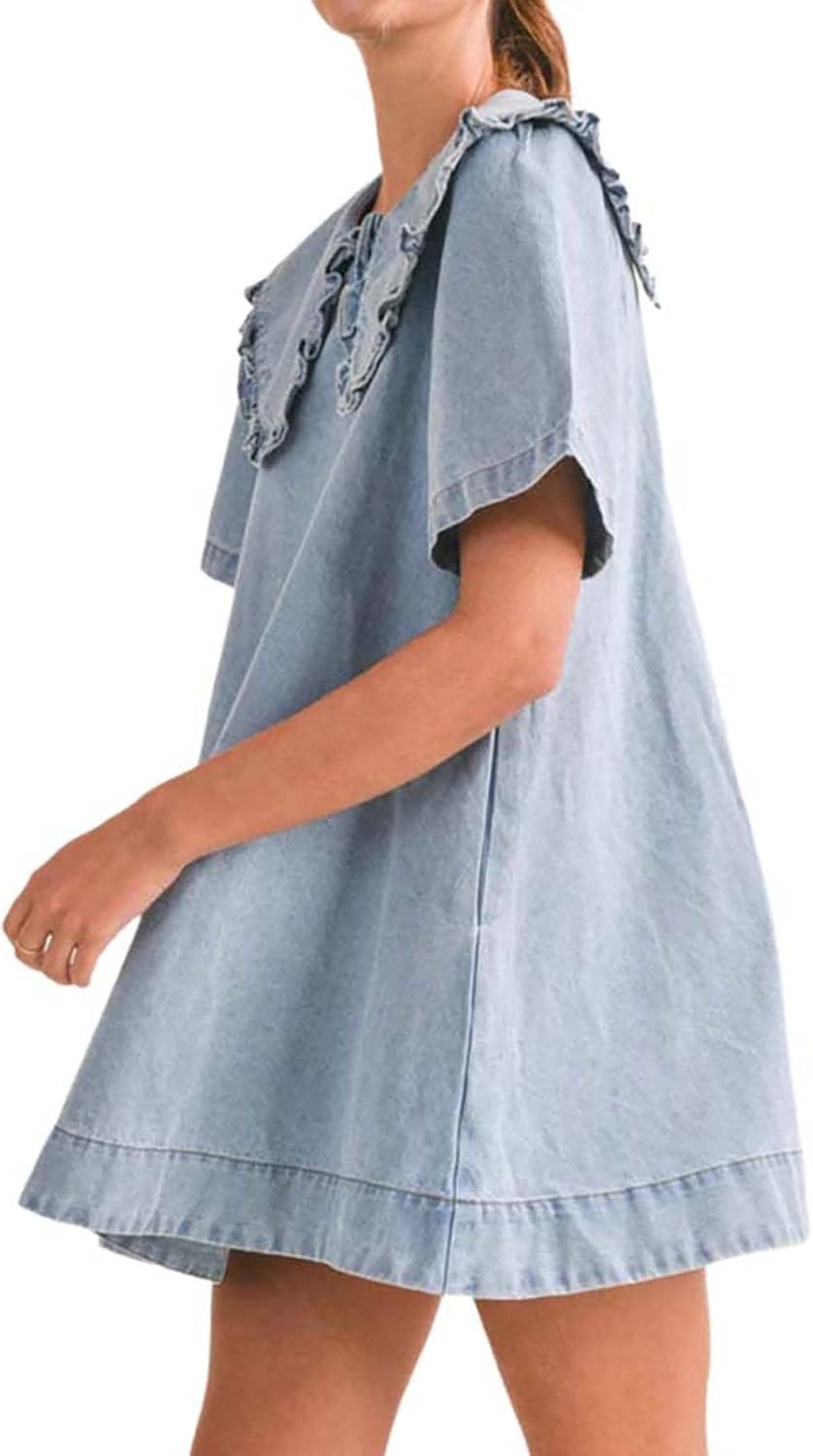 Women's Casual Ruffle Lapel Babydoll Denim Dress (Buy 2 Free Shipping)