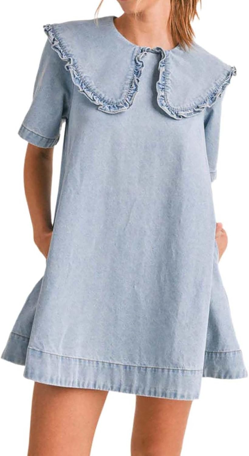 Women's Casual Ruffle Lapel Babydoll Denim Dress (Buy 2 Free Shipping)
