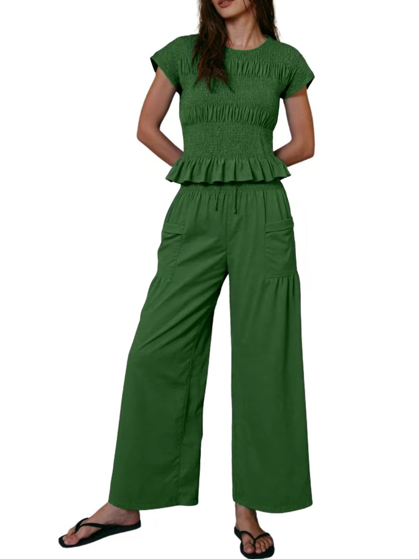 Women's Ruched Ruffle Top & Wide-Leg Pants Two-Piece Set