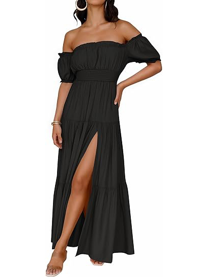 Women's Off Shoulder Side Split Flowy Maxi Dress (Buy 2 Free Shipping)