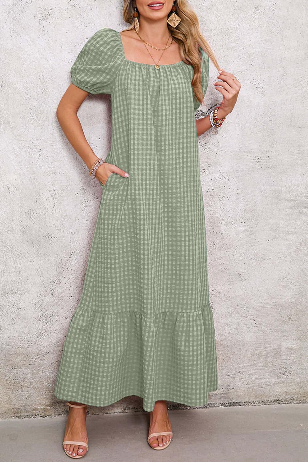 Women's Square Neck Puff Sleeve Plaid Maxi Dress (Buy 2 Free Shipping)  