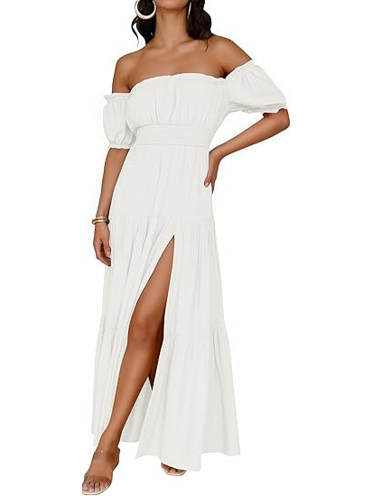Women's Off Shoulder Side Split Flowy Maxi Dress (Buy 2 Free Shipping)