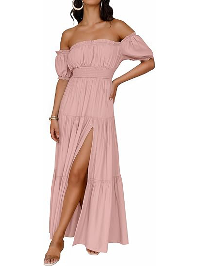 Women's Off Shoulder Side Split Flowy Maxi Dress (Buy 2 Free Shipping)