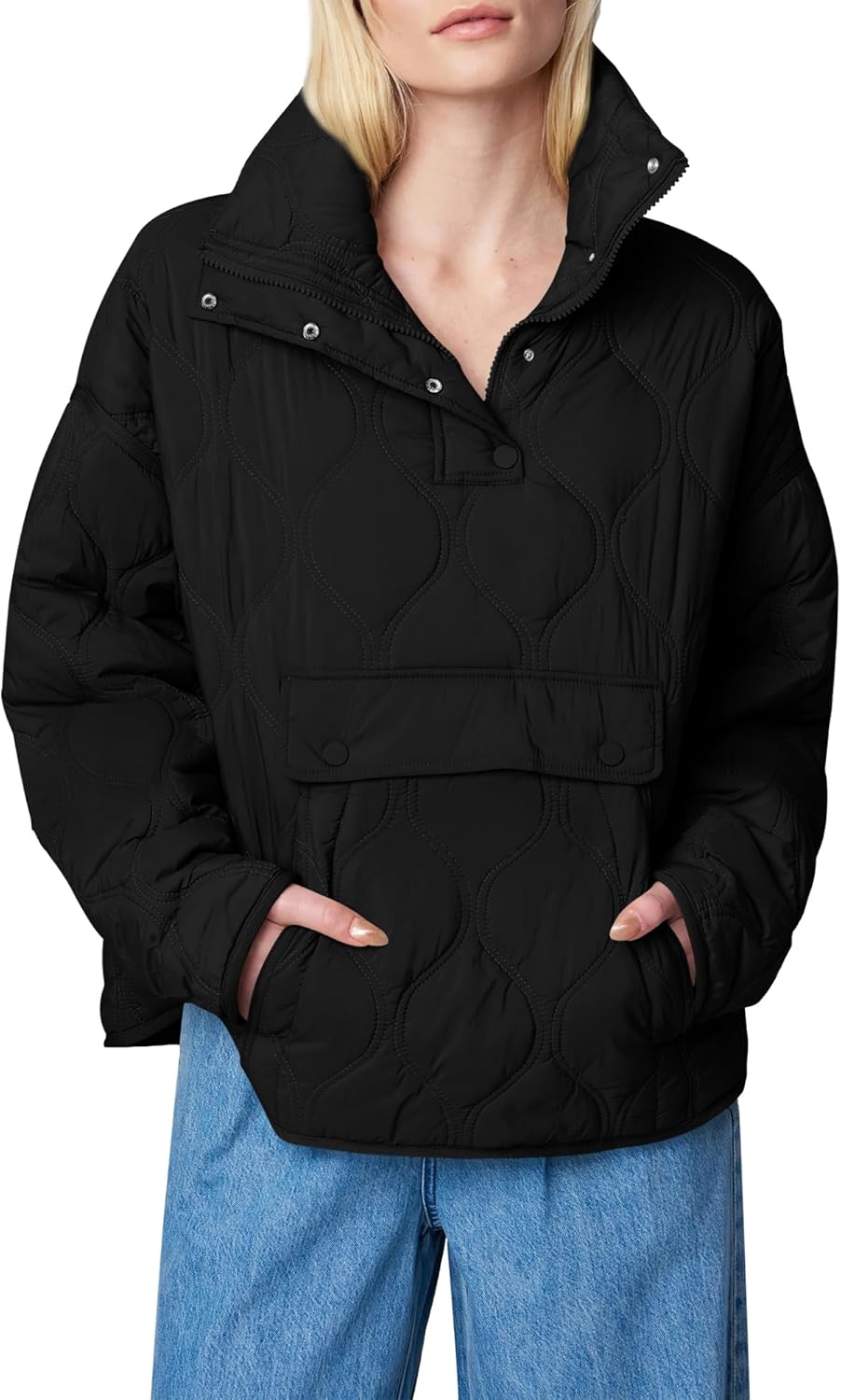 Women's Quilted Lightweight Puffer Jacket Long Sleeve Half Zip Up Coat with Pocket