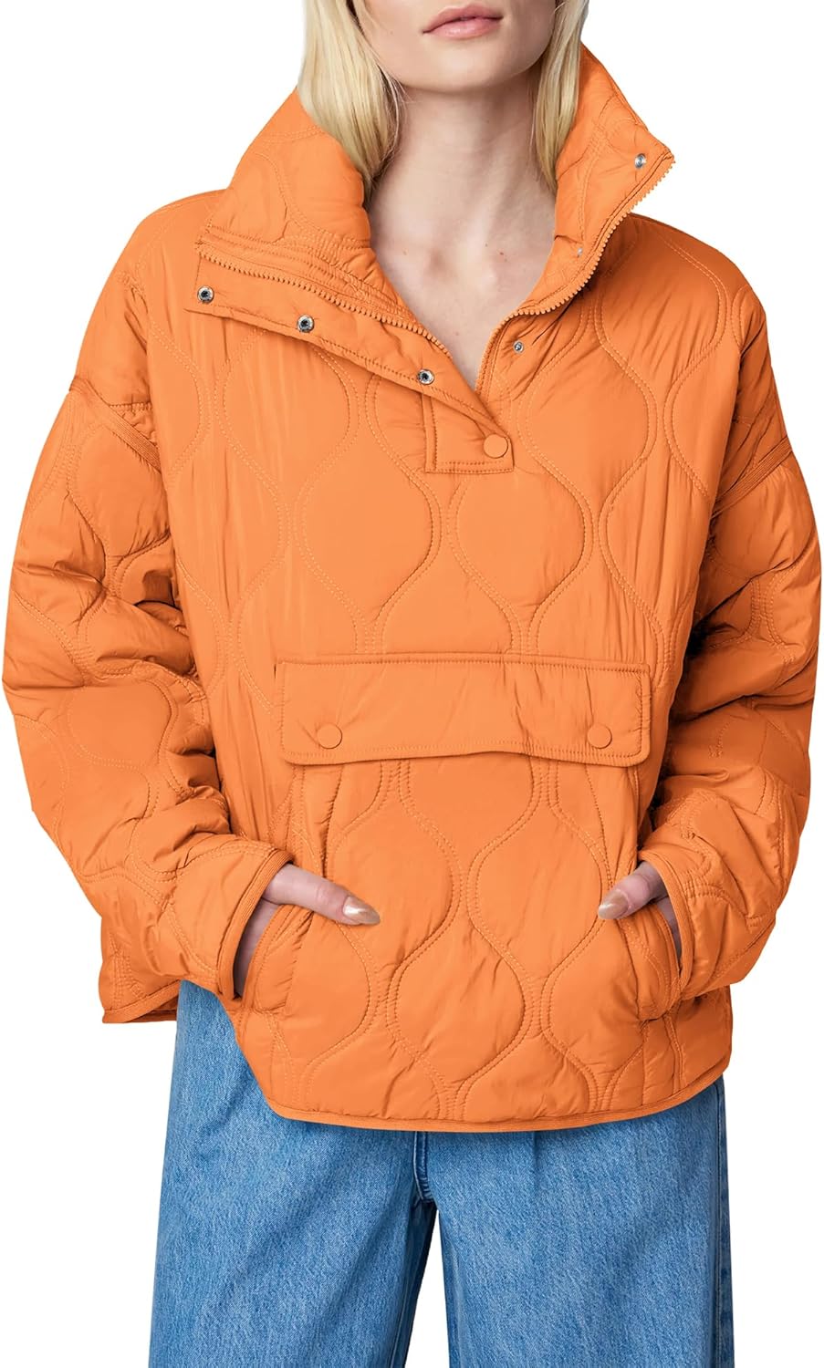Women's Quilted Lightweight Puffer Jacket Long Sleeve Half Zip Up Coat with Pocket
