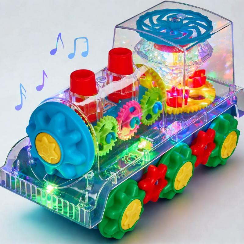 🧠🧩Perfect Gift for Kids🎁Interactive Transparent Train Toy with LED Light and Sound, 360 Rotating Engine Toy for Kids, Baby Sound Toys, Automatic Obstacle Avoidance