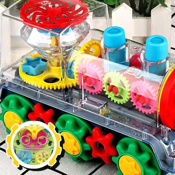 🧠🧩Perfect Gift for Kids🎁Interactive Transparent Train Toy with LED Light and Sound, 360 Rotating Engine Toy for Kids, Baby Sound Toys, Automatic Obstacle Avoidance