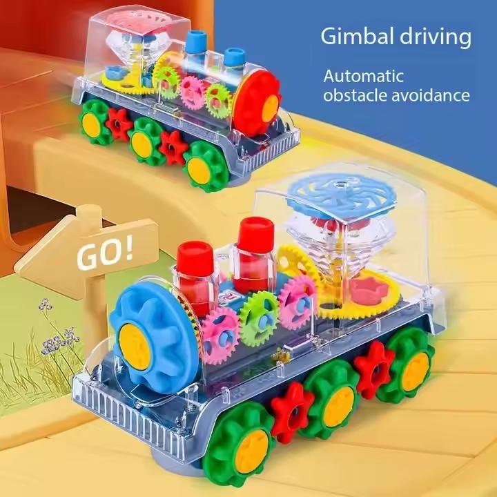 🧠🧩Perfect Gift for Kids🎁Interactive Transparent Train Toy with LED Light and Sound, 360 Rotating Engine Toy for Kids, Baby Sound Toys, Automatic Obstacle Avoidance