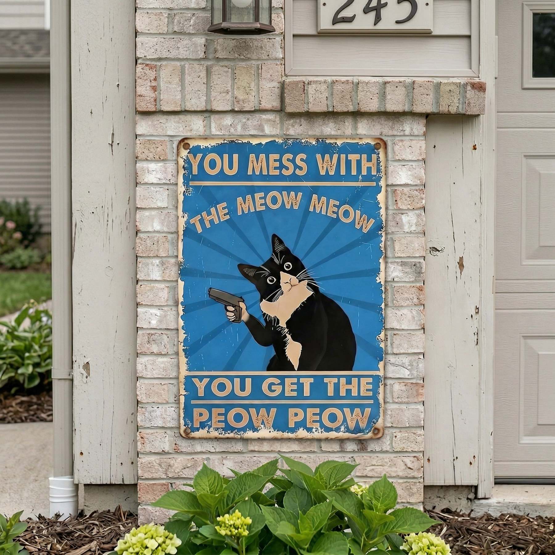 Vintage Black & White Cat Sign – Funny “You Mess With The Meow Meow, You Get The Peow Peow” Wall Decor 😂🐱