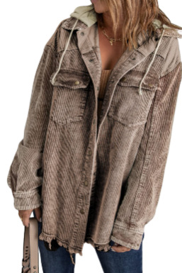 💝💝2024 Fall Long Sleeve Button Down Color Block Corduroy Hooded Jacket(BUY 2 FREE SHIPPING)