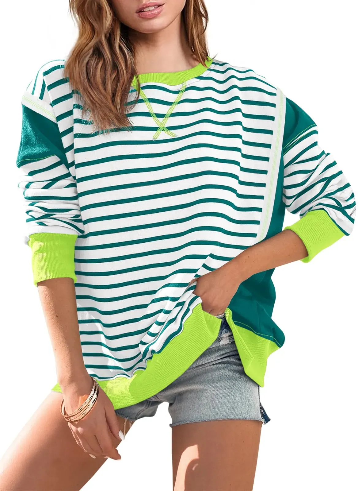 2024 Striped Color Block Oversized Sweatshirt(Buy 2 Free Shipping)
