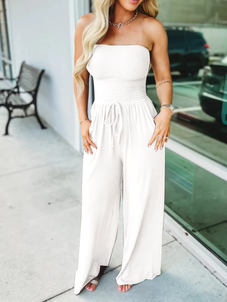 🔥Off Shoulder Solid Color Smocked Jumpsuit